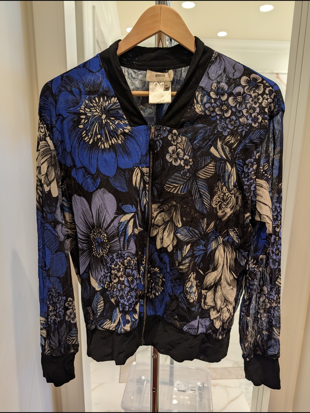 Fuzzi Floral Zip-Front Bomber Jacket — Blue & Black